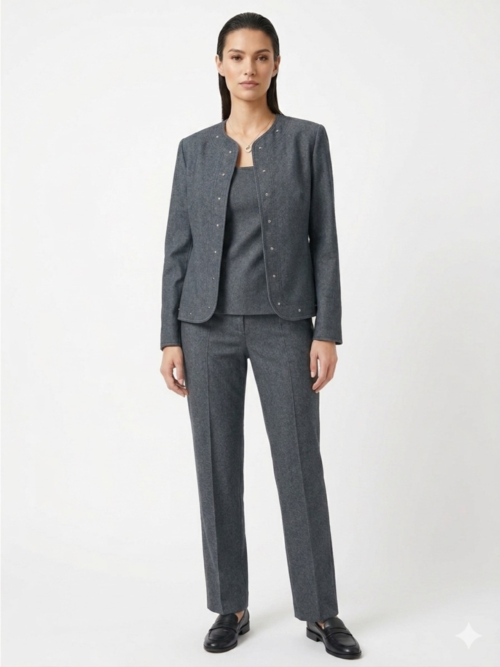 Kasper Grey Women’s 3 Piece Suit Blazer w/ Metal Embellishment Cotton blend Sz 8